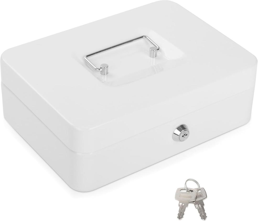 Cash Box with Key Lock Metal Money Box with Money Tray Large Safe Lock Box Durable Money Saving Organizerfor Security Lock Safe Box for Office Small Business 9.84 x 7.87 x 3.54 inches (White)