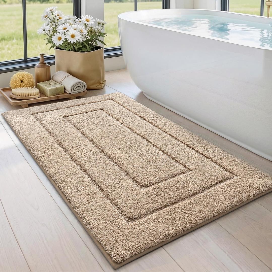 DEXI Bathroom Rug 43x24, Non Slip Washable Bath Mat for Shower Floor, Extra Large Absorbent Soft Bathmat with Rubber Backing, Quick Dry Microfiber Carpet, Beige