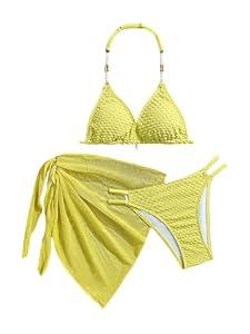 SOLY HUX Girl's Summer Swimsuit Set Floral Halter Triangle Bikini Set with Wrap Skirts Beachwear Pure Yellow 11Y