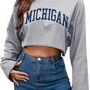 Women Long Sleeve Cropped Sweatshirt Oversized Crew Neck Workout Tops Grey Michigan X-Large (Gray, XL)