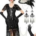 YESSA Flapper Dresses 1920s,Great Gatsby Dresses for Women Fringe Roaring 20s Costumes with 20s Accessories for Harlem Nights (X-Large, Black)