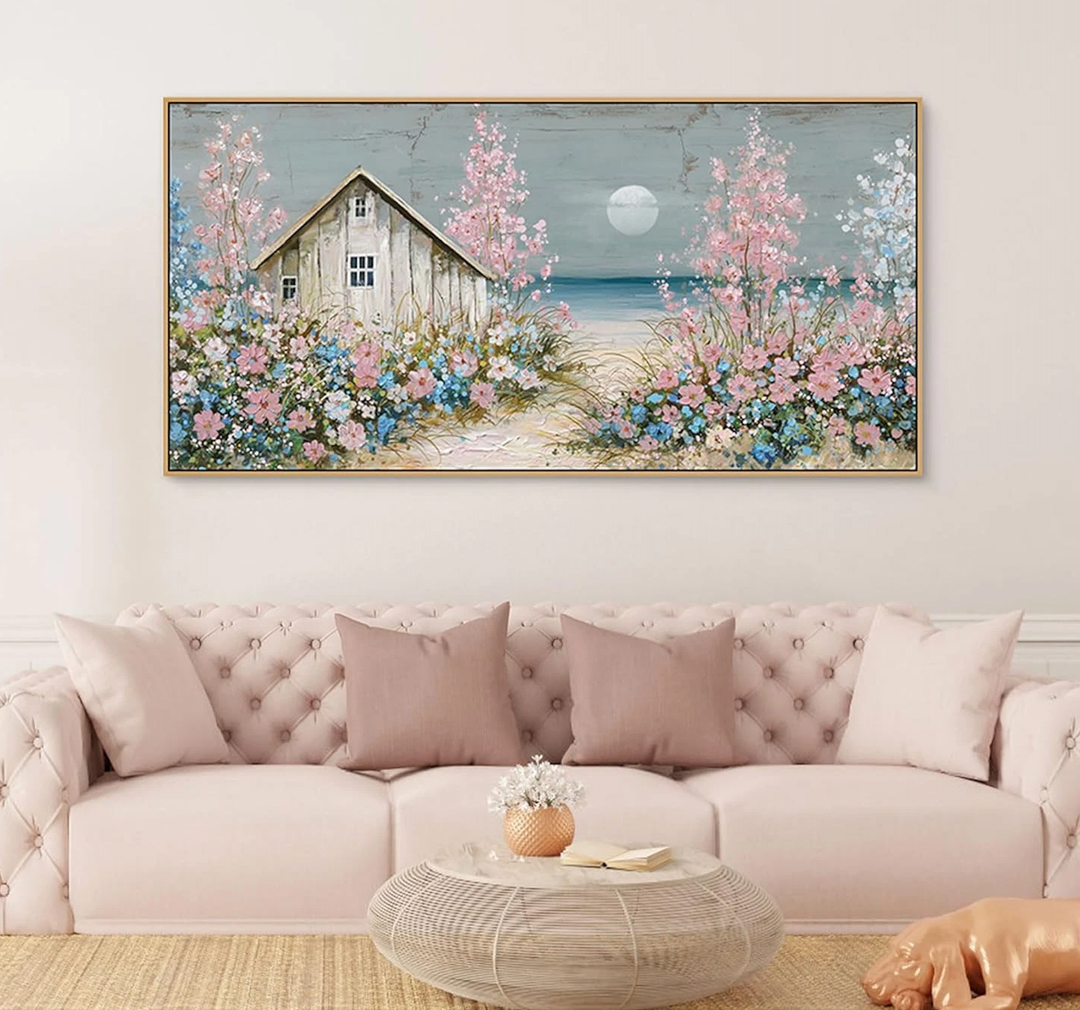 Coastal Pink Beach Canvas Art - Large 40x20 Inch Ocean Wall Decor