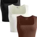 OLCHEE Womens 3 Pack Crop Tank Tops Seamless Ribbed Square Neck Tapered Shoulder Strap Sleeveless Workout Top Summer Shirts (Small, Black + Brown + Beige)