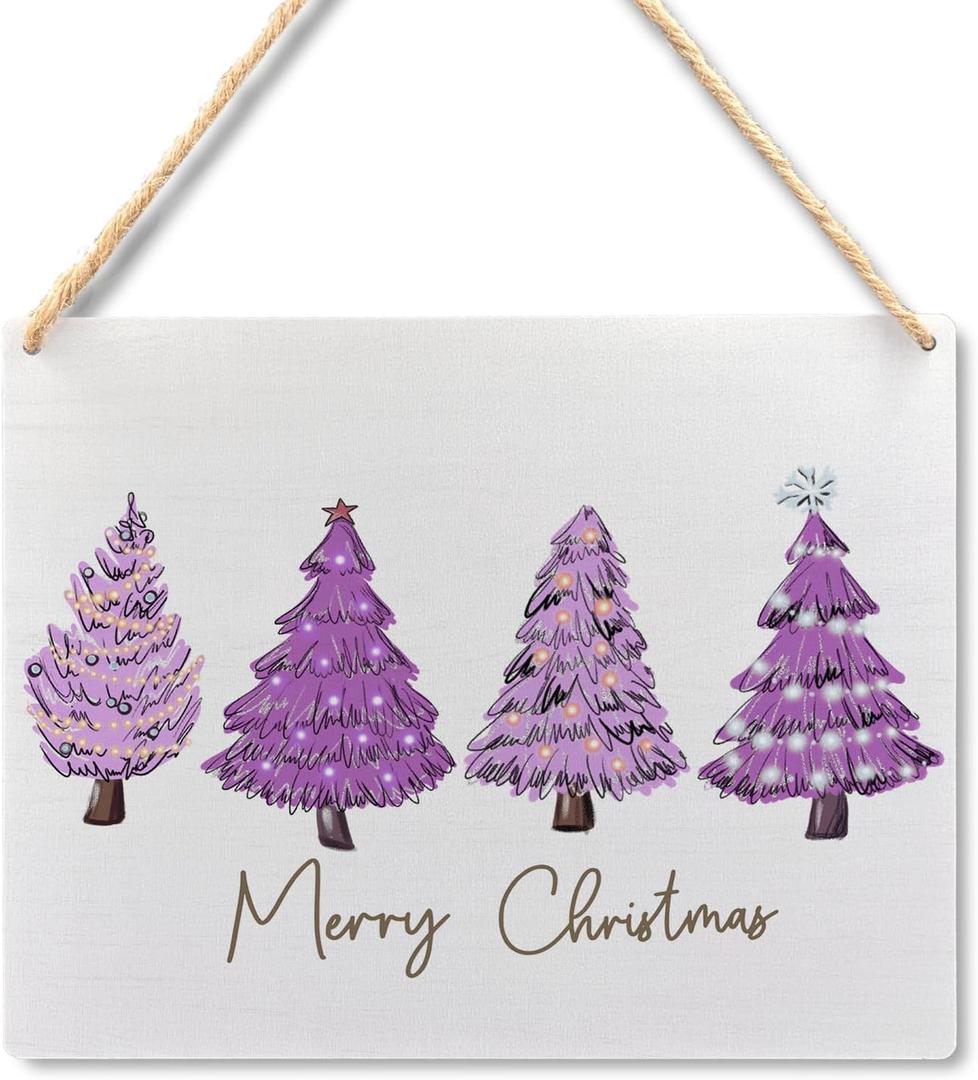 Ryeolo Merry Christmas Wooden Hanging Sign - Purple Christmas Tree Decor, Front Door Sign, Indoor Wall Hanging for Home, 10.2x7.8 Inches