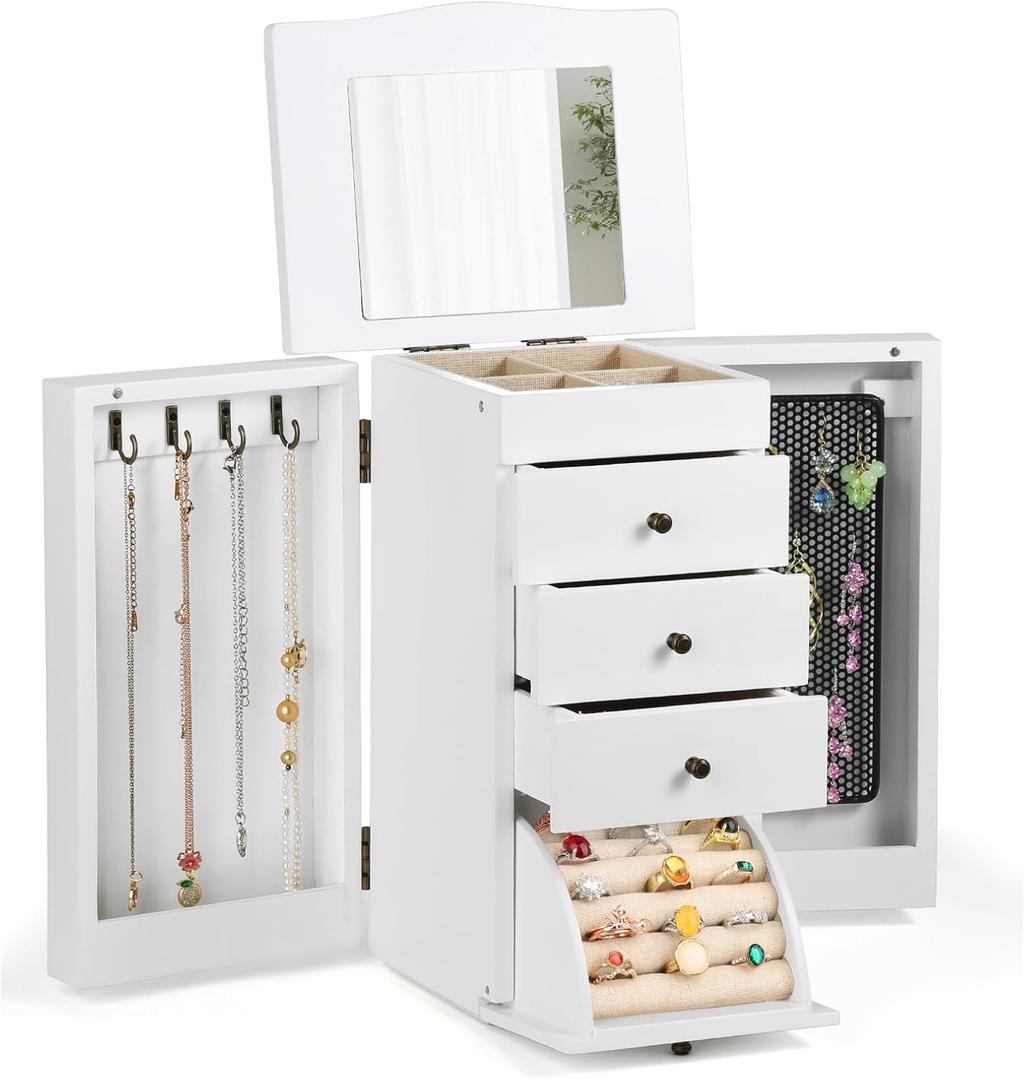 Meangood Jewelry Box Jewelry Organizer, 5-Layer Wooden Jewelry Organizers and Storage Boxes for Women Girls, Ring Earring Bracelet Necklace Holder Organizer with Mirror & Drawers (White)