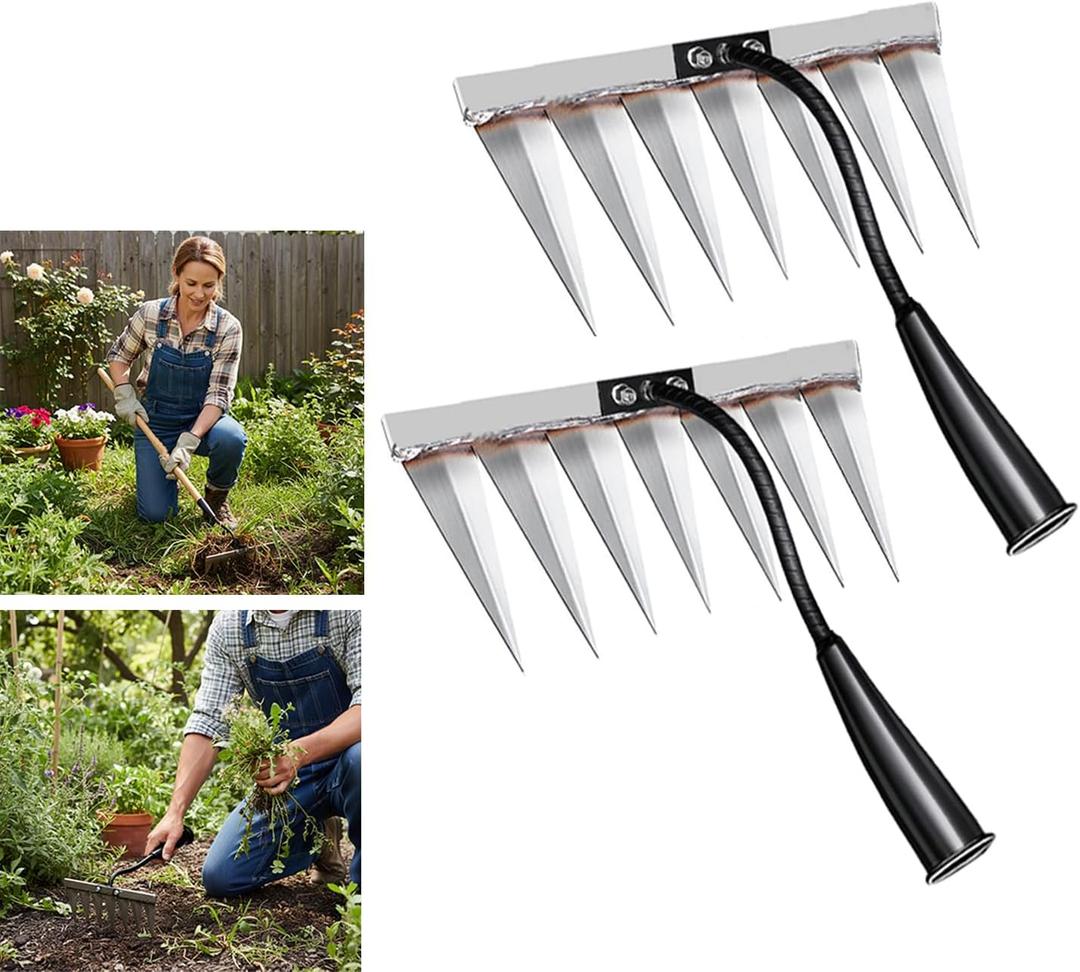 2Pcs Iron Rake for Weeding, Garden Metal Rake Heavy Duty with 7 Tines, Garden Weeding Rake Tools, Sharp Gardening Weed Rake Tool, Hand Rake Weeder Tool Weed Puller for Backyard Farm Planting Weeding