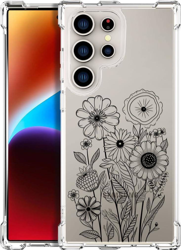 Compatible with Samsung Galaxy S24 Ultra Cases with Design, Cute Transparent Designer Phone Case for Women Girls Girly with Heavy Duty Protective Bumper (Clear Black Simple Flowers)