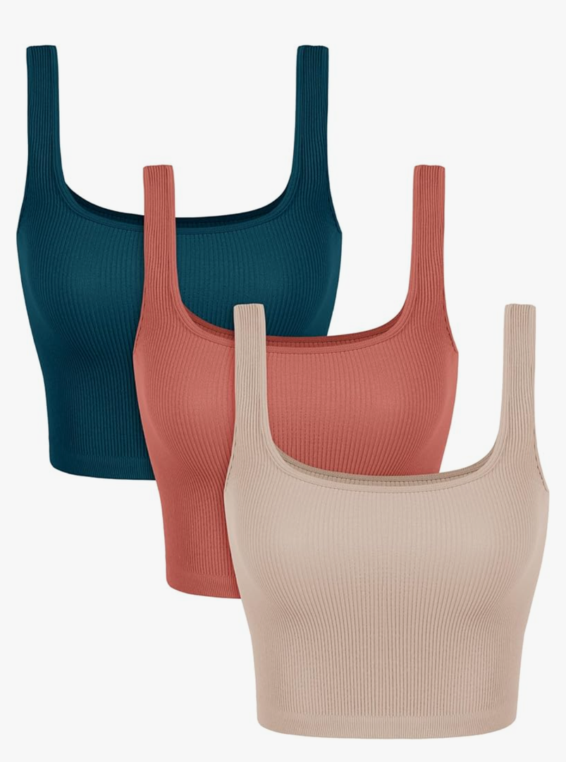 ODODOS 3-Pack Seamless Square Neck Tank for Women Ribbed Longline Crop Tops, Beige+Coral+Teal, X-Small