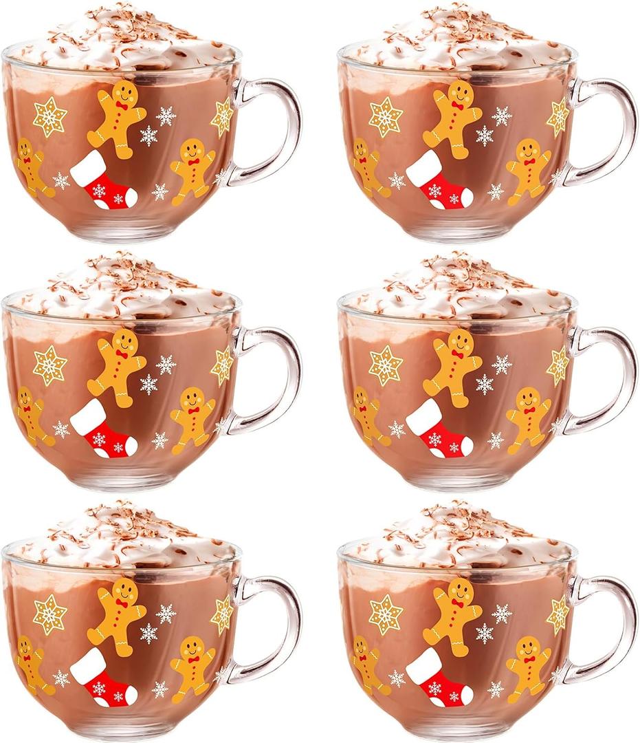 Sliner 6 Pcs Christmas Glass Coffee Mugs with Handle, 16 oz Clear Irish Coffee Mugs Footed Irish Glasses Christmas Winter Holiday Cups for Beverages Latte Hot Chocolate(Gingerbread)