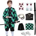 VZQI Halloween Cosplay Costumes Kamado Tanjir Kids Anime Kimono Halloween Green Cloak Large