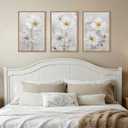 Aryroi Modern Chinoiserie White Daisy Floral Framed Canvas Wall Art Set,Watercolor Natural Beige Wildflower Wall Decor,Textured Minimalist Flower Botanical Artwork for Living Room,Farmhouse-24 x36 x3