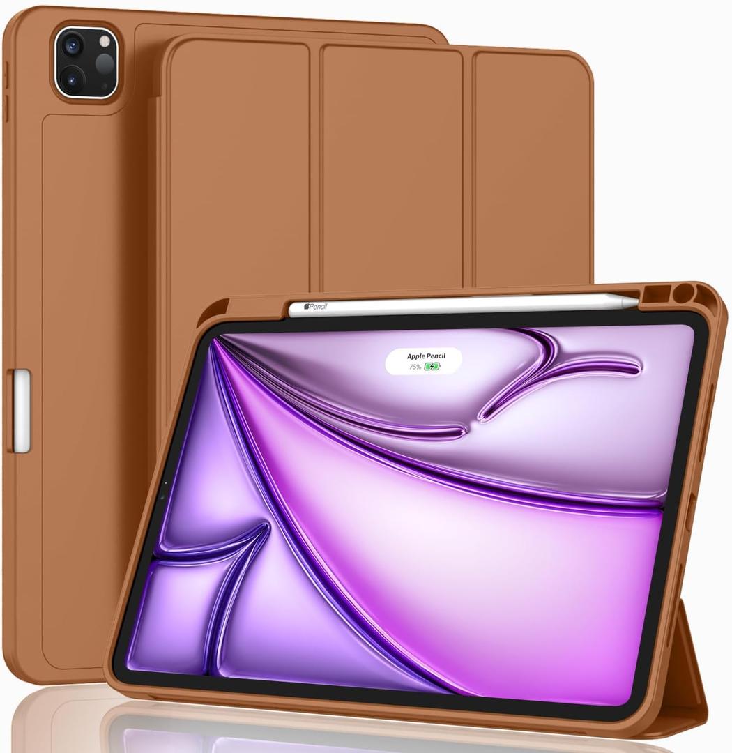 ZryXal New iPad Air 13 Inch Case M3 2025/M2 2024 with Pencil Holder, Trifold Stand Smart Case with Soft TPU Back, Auto Wake/Sleep(Brown)