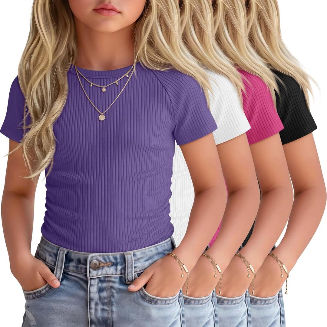 4 Pack Girls Short Sleeve Shirts Kids Side Ruched Ribbed Knit Tops Crew Neck Slim Fit Tees Summer Cute 5-14 Years