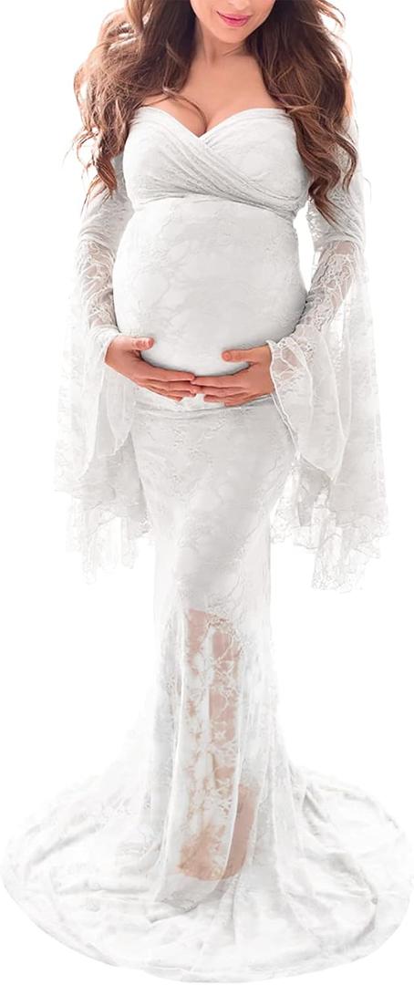 Saslax Off Shoulder Lace Maternity Dress for Photography Maxi Maternity Props Dresses for Photo Shoot Baby Shower (Small, White)