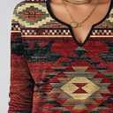 Flamingals Christmas Shirts Tops Women Notched Neck Shirts Tops Geometric Printed Graphic Long Sleeve Boho Shirt Tops Brick Red, 2XL 