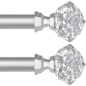 TONIAL 2 Pack Curtain Rods 32 to 58 Inch(2.6 to 4.8 ft), Telescoping Splicing 3/4 Single Rods for Windows 20 to 53 Inch(1.7 to 4.4 ft) Decorative Drapery Rod with Translucent Diamond Finial, Silver