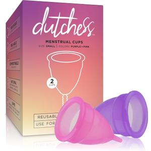 Dutchess Large Menstrual Period Cups for Women + Storage Pouch, Pack of 2 Pink & Purple Soft Medical-Grade Silicone Reusable Feminine Care Tampon & Pad Alternative, Easy to Clean - Camping, Sports (Multi-color)