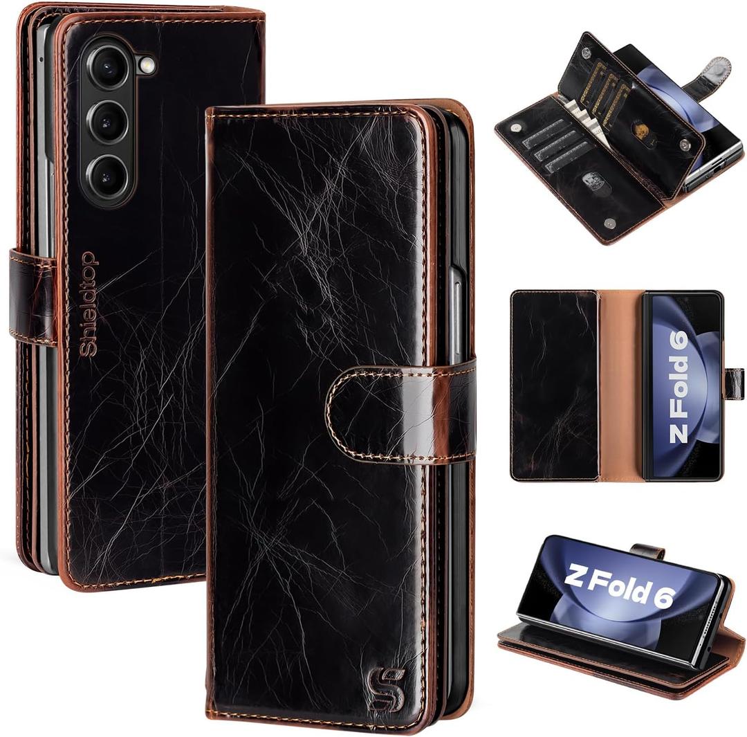 Shieldtop Compatible with Samsung Galaxy Z Fold 6 Wallet Case with Card Holder,Women Man Phone Case RFID Blocking PU Leather Flip Protective Cover Credit Card Holder Slots Kickstand,Coffee