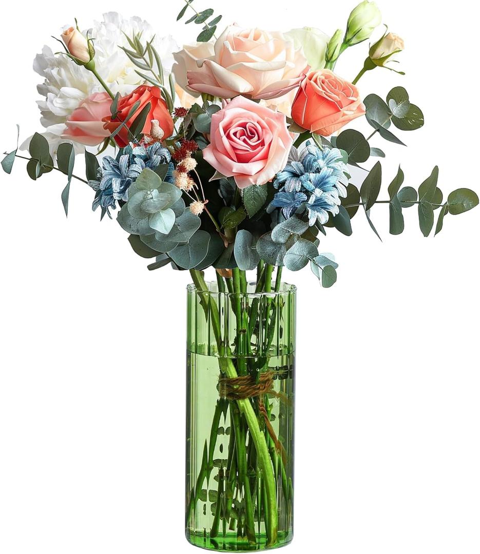 ComSaf Glass Cylinder Vases, Bud Vase for Centerpieces, 8 Inch Tall Ribbed Vase Hurricane Floating Candle Holder, Decorative Flower Vases for Wedding Reception, Home Decor, Housewarming Gift (Green)