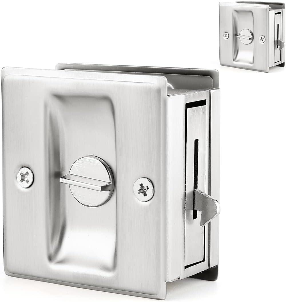 HOMOTEK 2 Pack Privacy Pocket Door Lock Hardware with Pull - Replace Old Or Damaged Sliding Door Locks Quickly and Easily, 2-3/4x2-1/2, for 1-3/8 Thickness Door, Brushed Nickel