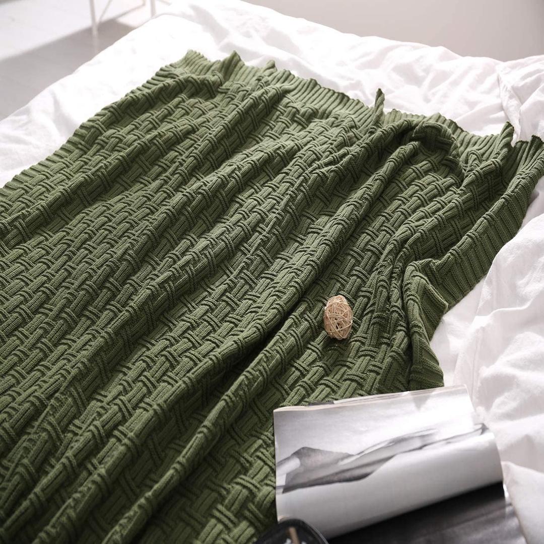 TREELY 100% Cotton Knitted Throw Blanket Couch Cover Blanket(31 x 40 Inches, Green Forest)