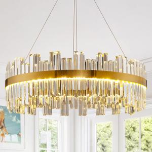 23.6" Dimmable Modern LED Crystal Chandeliers,Gold Chandelier Light Fixture, 3 Colors Contemporary Pendant Ceiling Light for Dining Room Living Room Kitchen Island Entryway Foyer ,With Remote Control