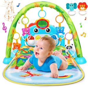 UMIKU Baby Gym Play Mats Baby Tummy Time Mat Musical Activity Center for Newborn Infant Piano Babies Play Mat Music & Light Newborn Infant Gifts for Babies 0-3 6 9 12 Months Dinosaur Style