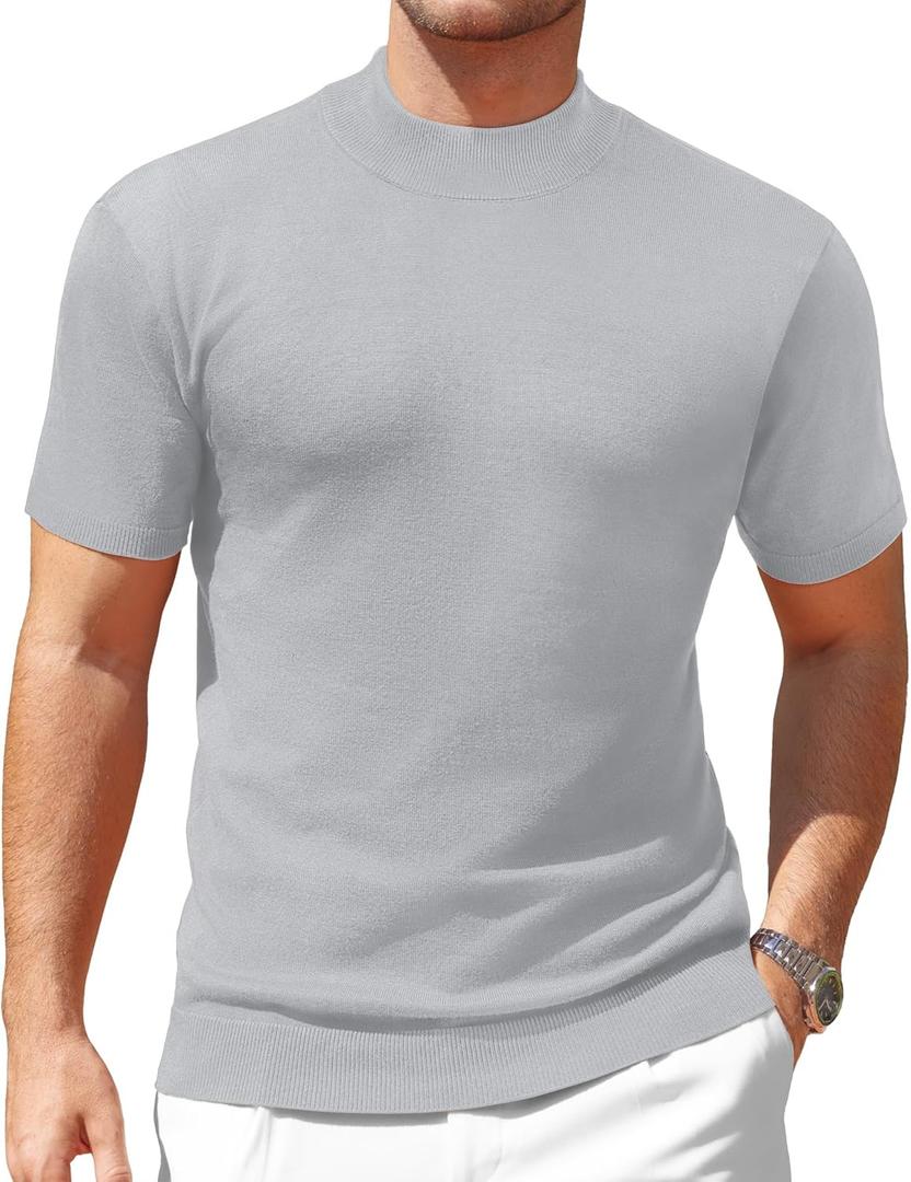 Vssjavun Men's Mock Neck Shirt Short Sleeve Turtleneck T-Shirt Slim Fit Pullover Casual Basic Tee (Gray, L)