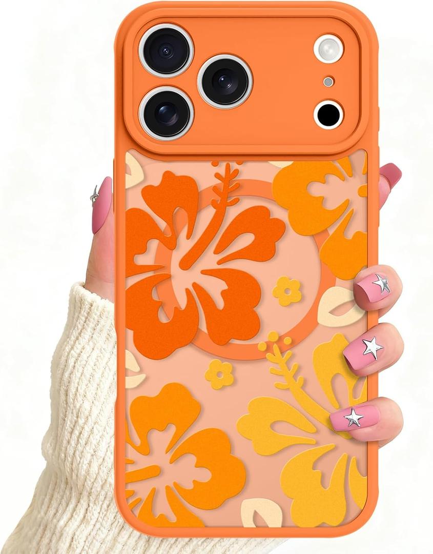 Magnetic for iPhone 17 Pro Max Case, Compatible with MagSafe, Cute Flower Hibiscus Design for Women Girls, Soft TPU and PC Back, Full Camera Protection Shockproof Cover, Orange Hibiscus
