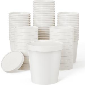 JOLLY PARTY 50pack 16oz Paper Soup Containers with Lids, Disposable Paper Food Cups, Ice Cream Cups, Food Storage with Lids, Microwavable and Freezer Safe, Suitable for Christmas Thanksgiving (White)