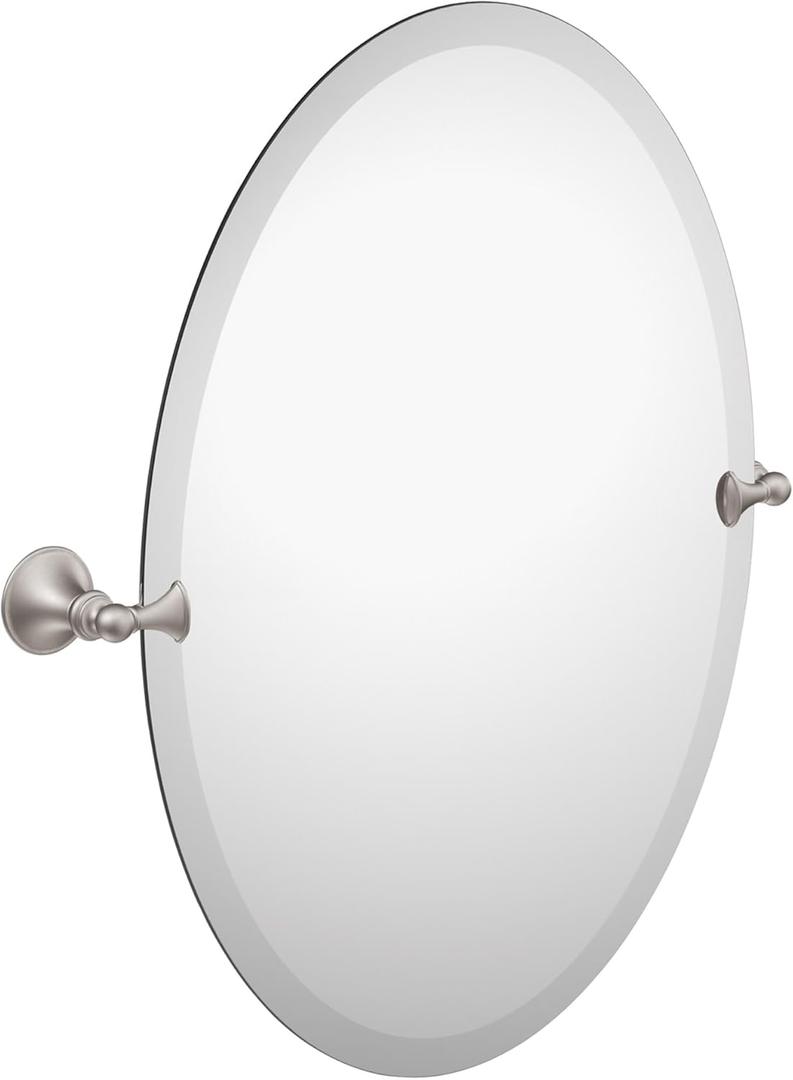 Moen Glenshire Brushed Nickel 26-Inch x 22-Inch Frameless Pivoting Bathroom Mirror, Oval Tilting Wall Mirror, DN2692BN