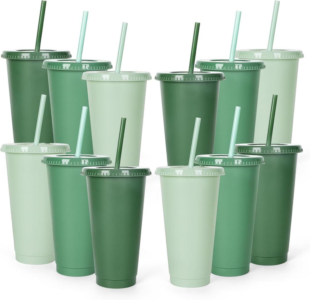 Whaline 12Pcs Sage Green Plastic Cups with Flat Lids and Straws, 24 Oz Gradient Green Reusable Tumbler Travel Mug Cup Party Drinkware Decor for Iced Coffee Beverage Drinks Party Supply