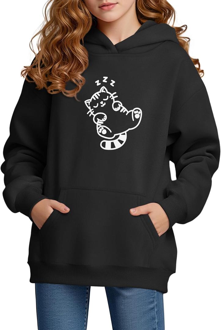 Cubear Girls Hoodie Sweatshirt Cute Long Sleeve Fleece Pullover Top with Pocket Graphic Print Soft Warm for Kids (Black, M)