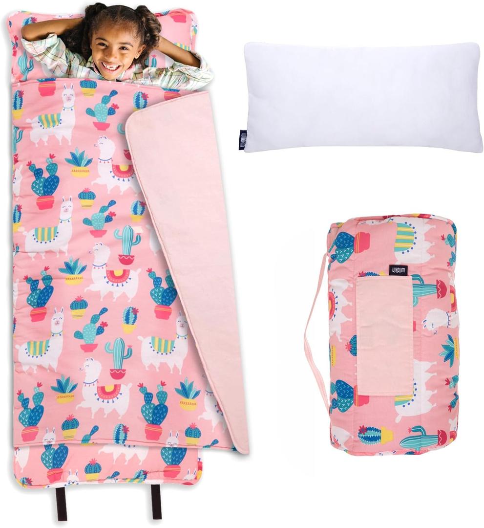 Wildkin Kids Original Nap Mat  Cozy Kids Sleep Mat with Pillow, ideal for School & Travel (Llamas and Cactus Pink)