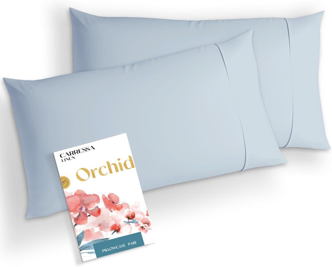 Carressa Linen 100% Egyptian Cotton Standard Pillow Cases Set of 2 - Luxury 1000 Series Orchids Collection Pillowcases Queen Size (Light Blue), Cooling Sateen Weave Hotel Quality Bed Pillow Cover