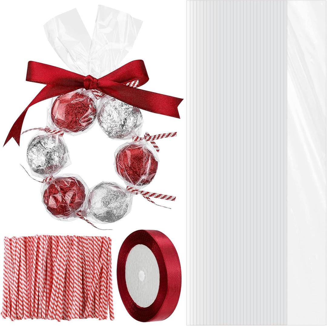 Yexiya 50 Pcs Valentines Cellophane Treat Bags with Twist Tie Ribbon 2'' x 24" Long Clear Plastic Cellophane Wreath Candy Bags for Valentines Party Favor Wedding Chocolate Candy Making Kit(Wine Red)