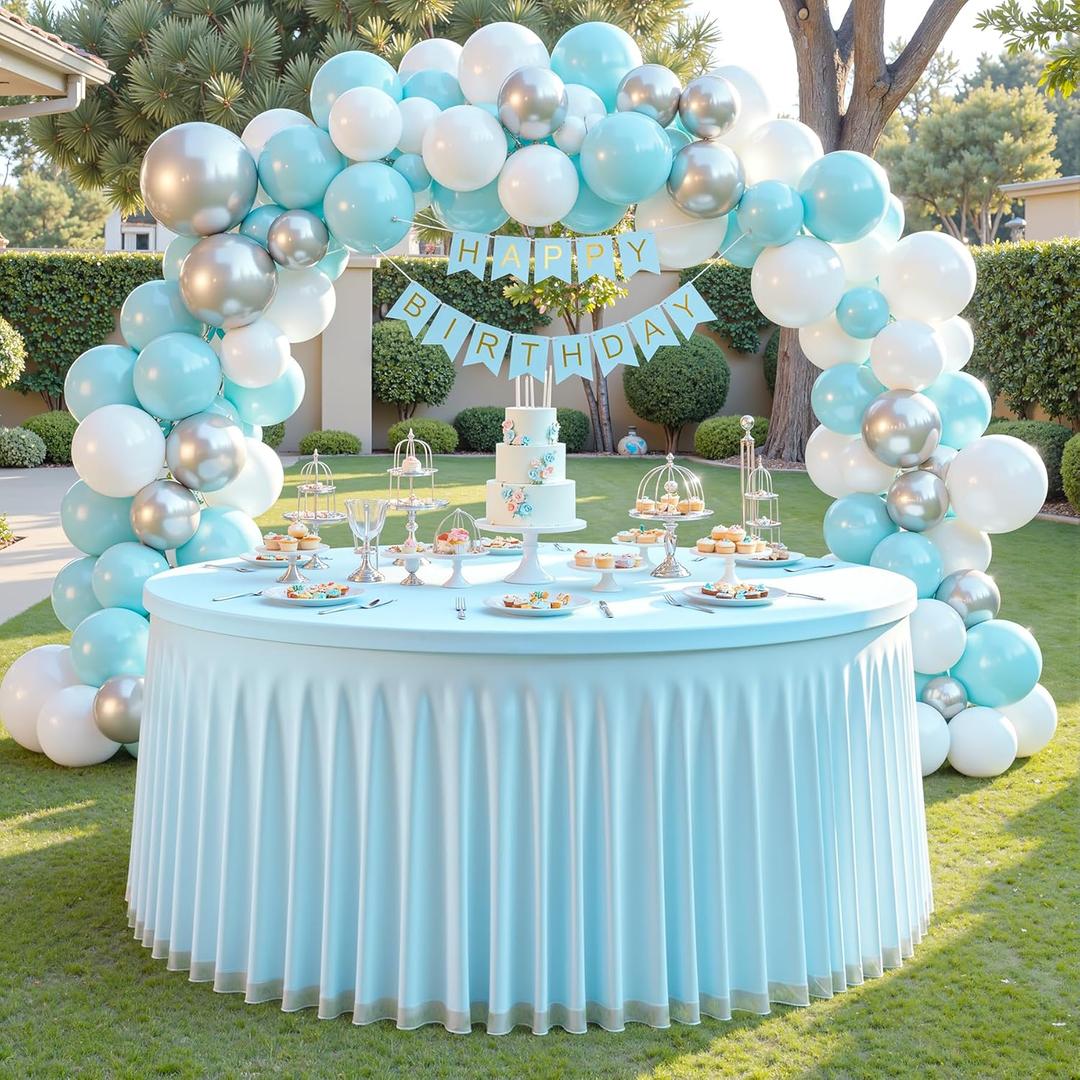 Blue Tulle Round Tablecloth for 48 inch Tables, Spandex Fitted 4FT Blue Round Table Covers with Tulle Tutu Skirt for Baby Shower Wedding Birthday Party Cake Banquet Table Decoration