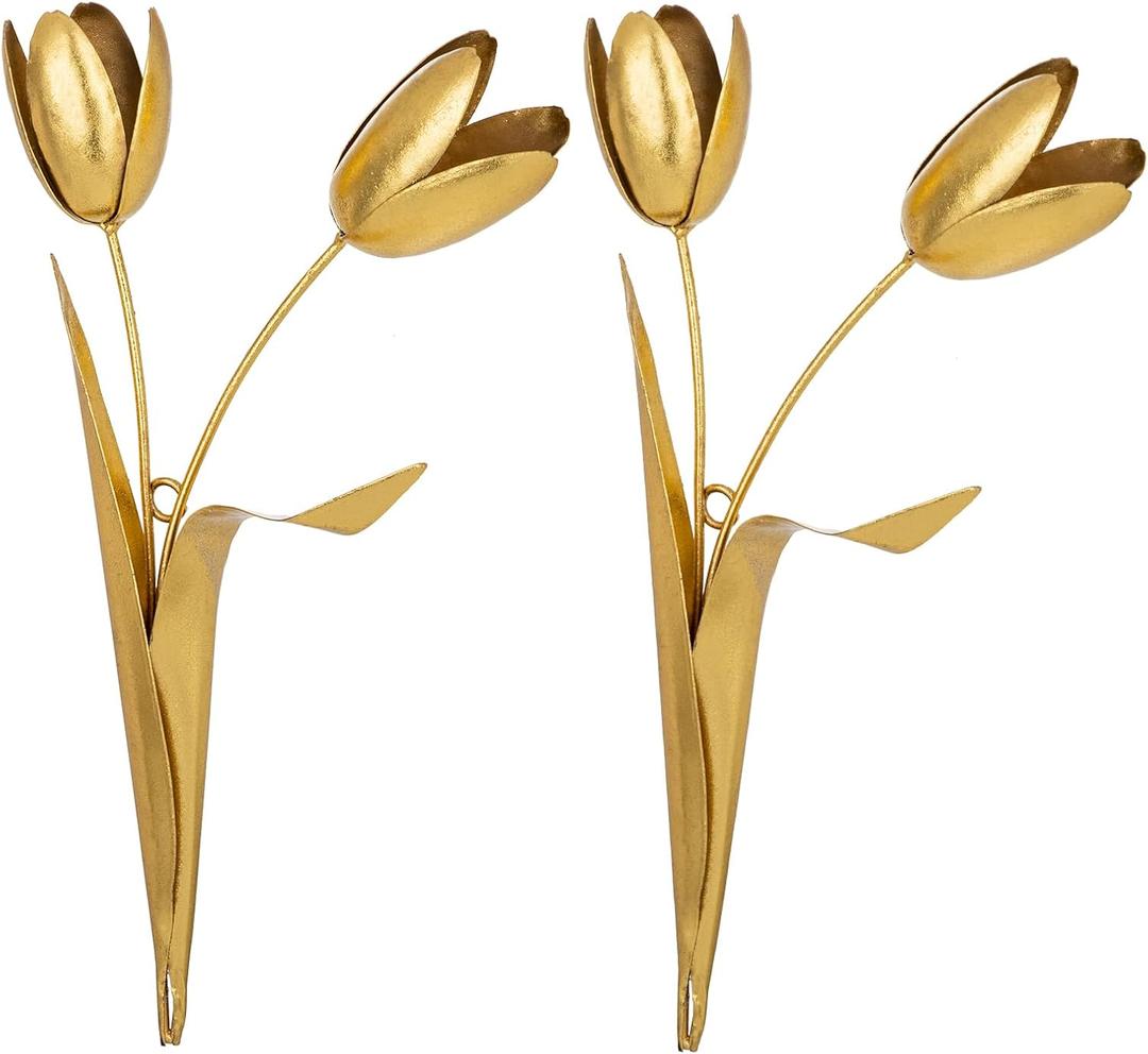 DILATATA Metal Flowers Wall Decor, 15" Metal Tulip Flowers Rustic Wall Art Decoration Floral Sculpture Farmhouse Wall Hanging Decor for Home Kitchen Bedroom Living Office, Gold 2 Pack