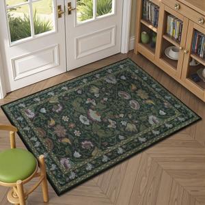 Vintage Floral Small 2x3 Rugs for Entryway, Washable Area Rug for Entrance,Non-Slip and Low Pile Thin Throw Carpet for Kitchen Floor, Front Door Indoor Door Mat, Bathroom, Bedroom Bedside, Beige Red (Deep Green)