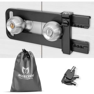 Double Door Locking Device, French Door Lock Security Barricade, Keyed Extra Door Lock for Doors with Double Handles/Knobs/Levers, All Metal Construction, Safety U-Shaped Bar Prevent Kick Ins