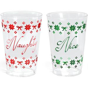 xo, Fetti Naughty + Nice Plastic Cups | 30 pcs 12 oz | Red Christmas Drinkware, Green Xmas Decorations, Clear Holiday Party Drinks, Friedsmas