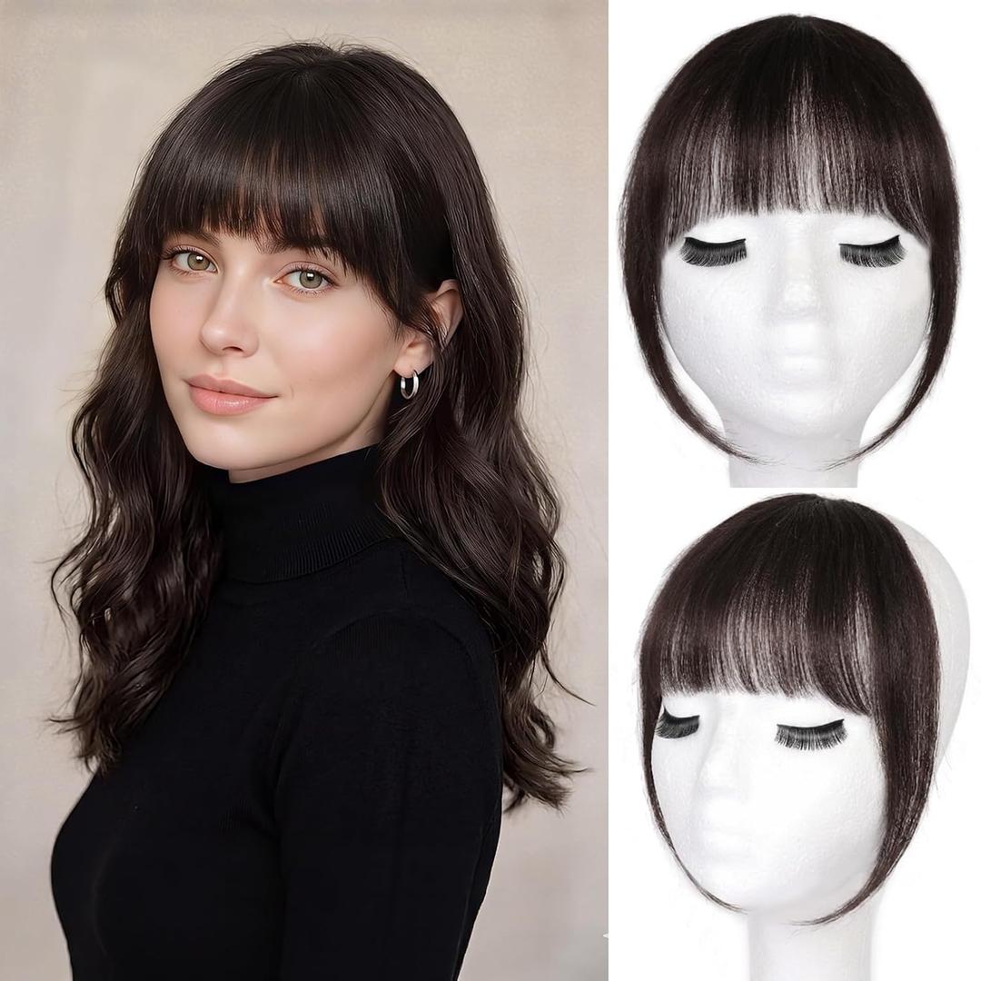 LEEONS Clip in Bangs Real Human Hair, 100% Remy Human Hair Topper for Women, Clip on Bangs Hairpiece with Temples (French Bangs, Brown Black)