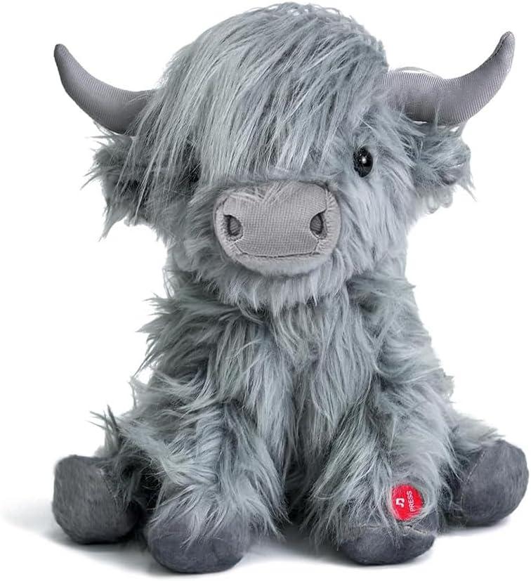 Highland Cow Stuffed Animal with Mooing Sound, 10 inch, Cuddly Farm Cow Toy for Boys Girls Gift Decoration (Grey)