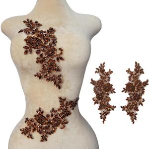 Beaded Lace Applique Pair with Claw Rhinestones & Glass Crystals, Hand-Embroidered Sew on Patch for Bridal Dress/Costume Decoration (Brown)