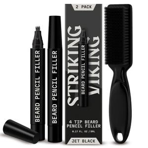 Striking Viking 2 Pack Beard Pencil Filler for Men with 4 Tips (Jet Black) - Fill, Shape & Define with this Long-Lasting, Waterproof Beard Pen Kit Including Brush