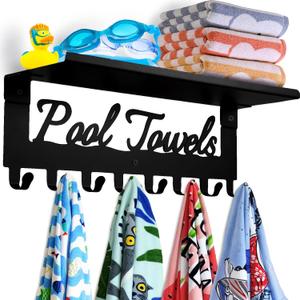 Pool Towel Racks with Shelf 8 Hooks for Pool Bathroom Wall Mount Towel Hooks Towel Holder Carbon Steel Hanger Organizer Pool Accessories Outdoor for Robe,Towel,Coat,Swimsuit,Bag,Keys (Black)