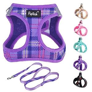 PUPTECK Dog Harness and Leash Set for Small Medium Dogs No Pull Step-in Soft Mesh Puppy Cat Vest Harnesses Reflective at Night, Plaid Pattern Purple XS
