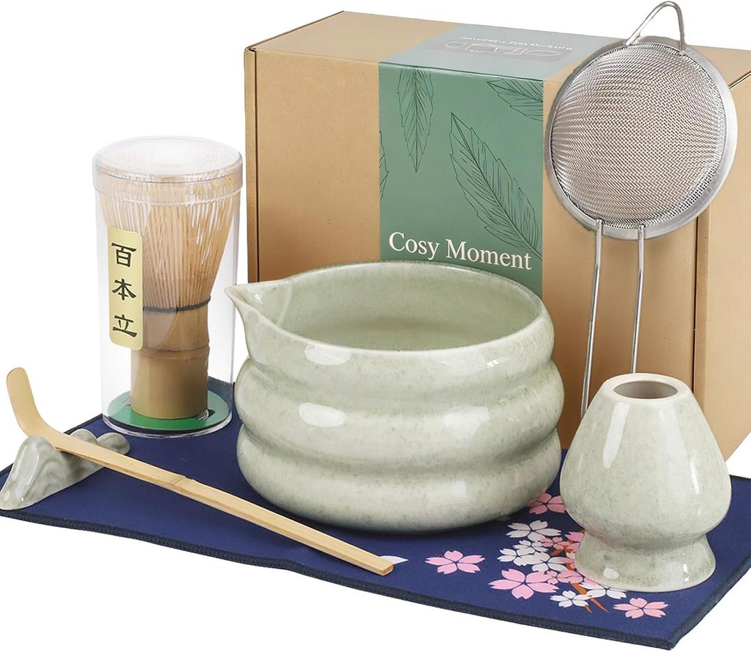 Complete Matcha Set 7 Pcs Matcha Starter Kit with Bamboo Whisk, Ceramic Bowl, Scoop & Sifter, Towel, Holder, Japanese Matcha Tea Set, Gift for Beginners & Tea Lovers