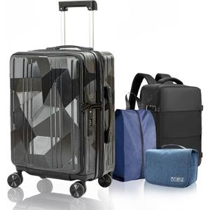 20 inch Carry On Luggage Expandable Top Opening/Clamshell Opening, TSA Approved Carry On Luggage Hard Shell Suitcases, Lightweight Away Carry On Suitcases with Large Capacity Backpack, Black