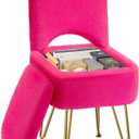 GREENSTELL Small Vanity Stool Chair with Storage and Folding Back, 13.4" x 15" x 30" Square Faux Fur Soft Ottoman, 4 Metal Legs with AntiSlip Feet, Furry Padded Seat for Makeup, Bedroom, Rose